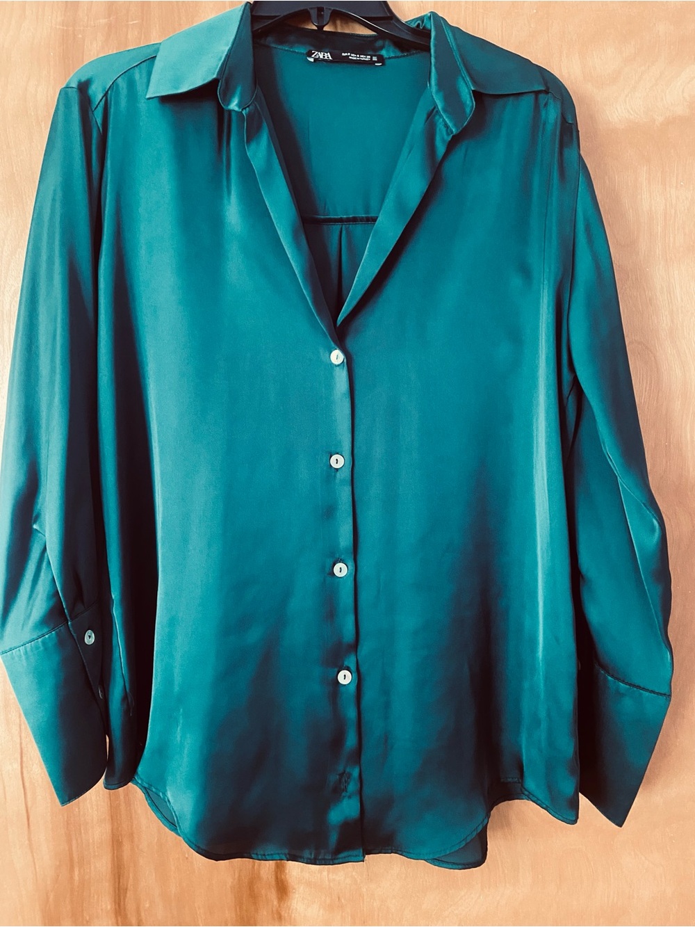 Zara Dark Green Satin Button-Down Shirt